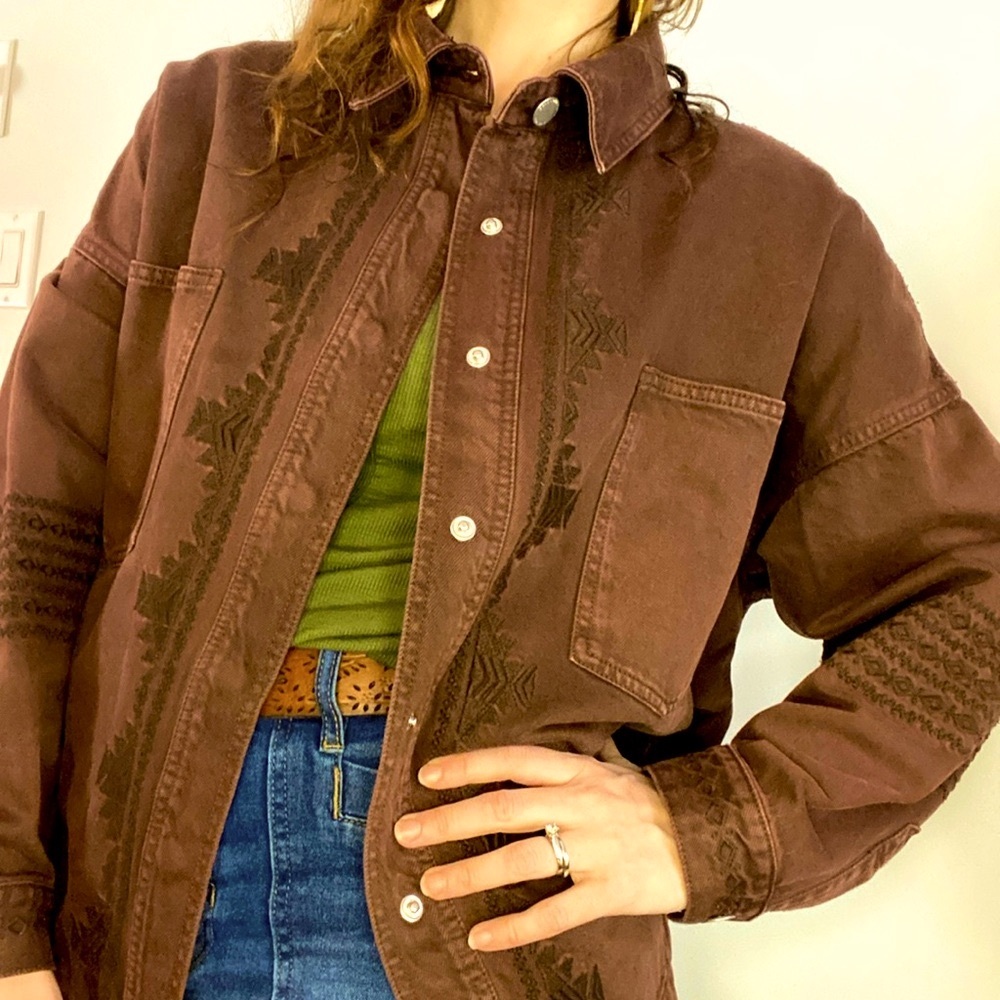 Stunning Dear John Embroidered Denim Spring Jacket Boxy Medium Chocolate Brown